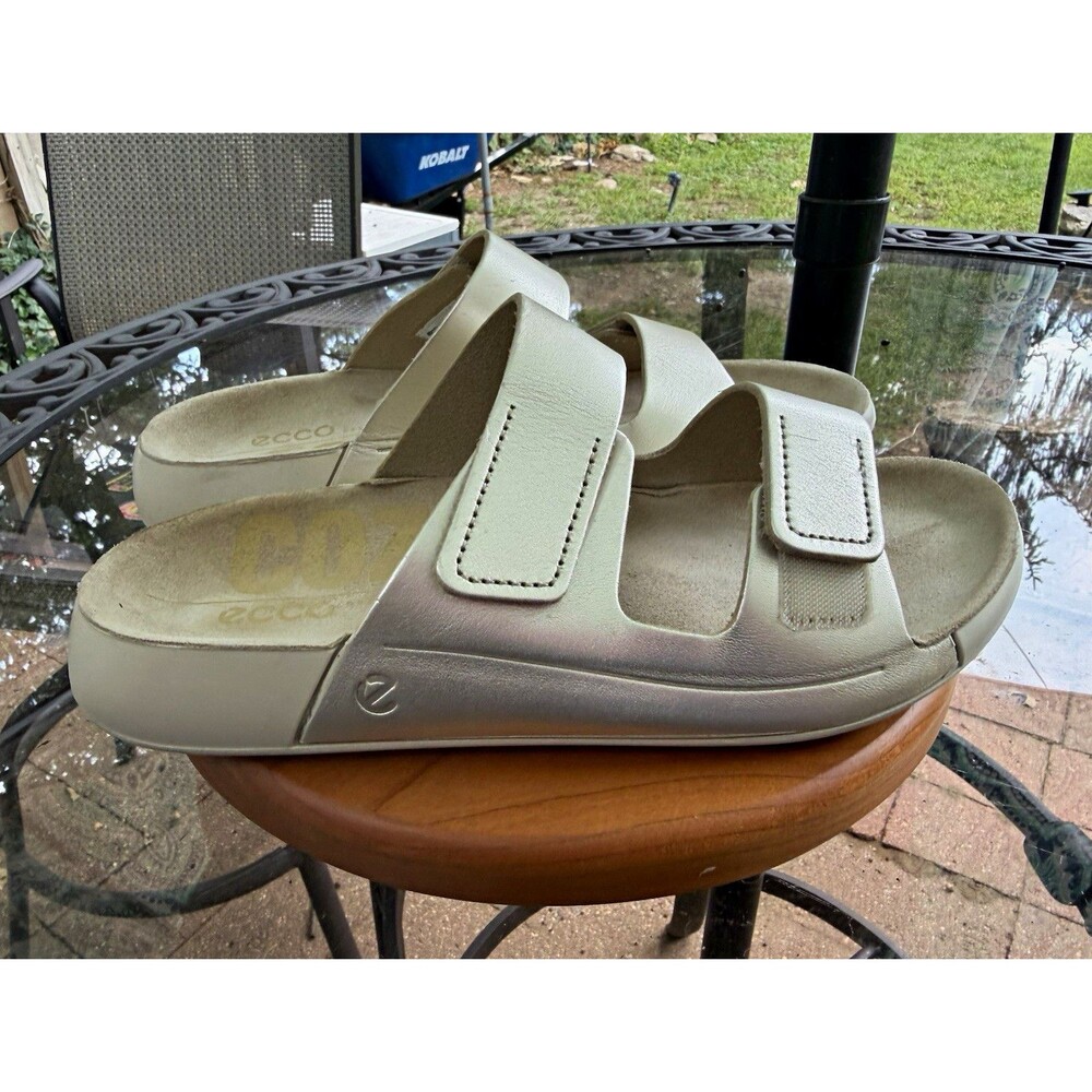 ECCO Beige Leather Hook & Loop Slide Sandals Women's EU 38 Flat Straps